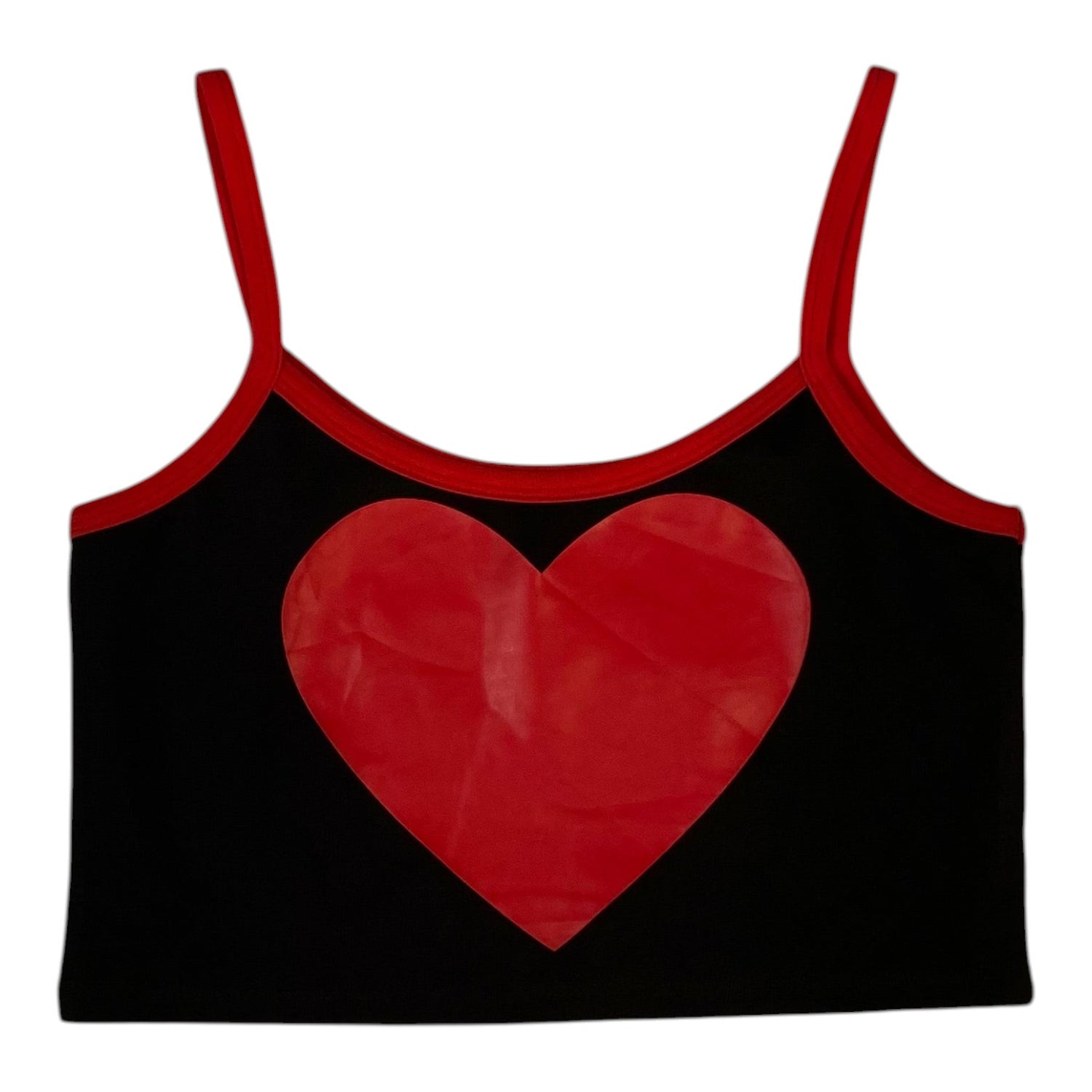 Digg It Thrift & Vintage Jawbreaker black crop top with a large red heart graphic and red spaghetti straps