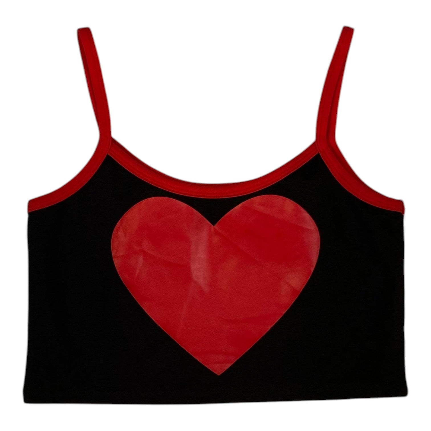 Digg It Thrift & Vintage Jawbreaker black crop top with a large red heart graphic and red spaghetti straps