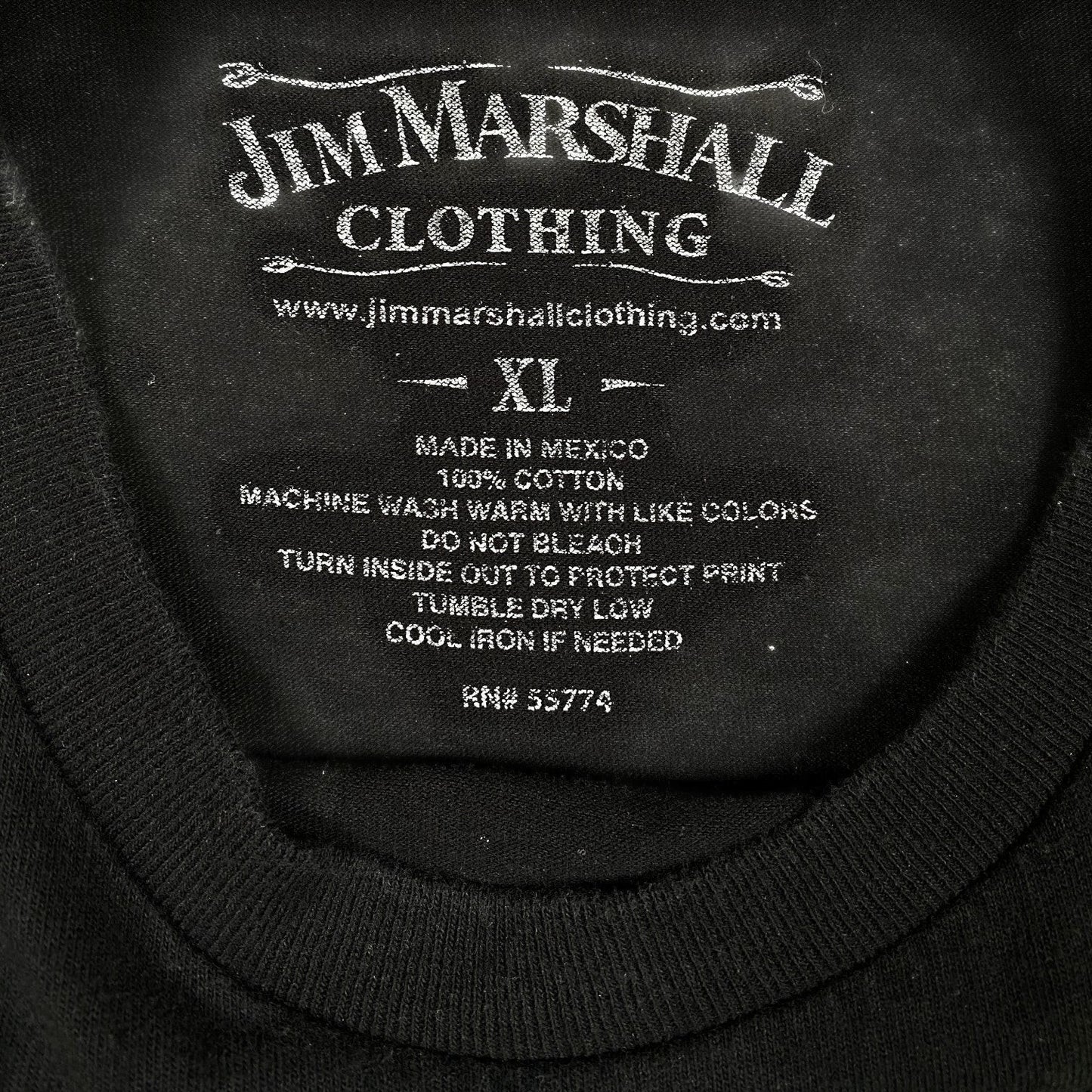 Digg It Thrift & Vintage black cotton t-shirt inner neck label with Jim Marshall Clothing branding and size XL