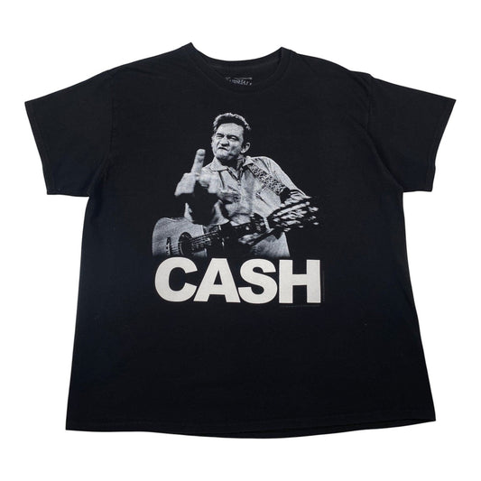 Digg It Thrift & Vintage black t-shirt featuring the iconic Johnny Cash San Quentin middle finger portrait graphic.