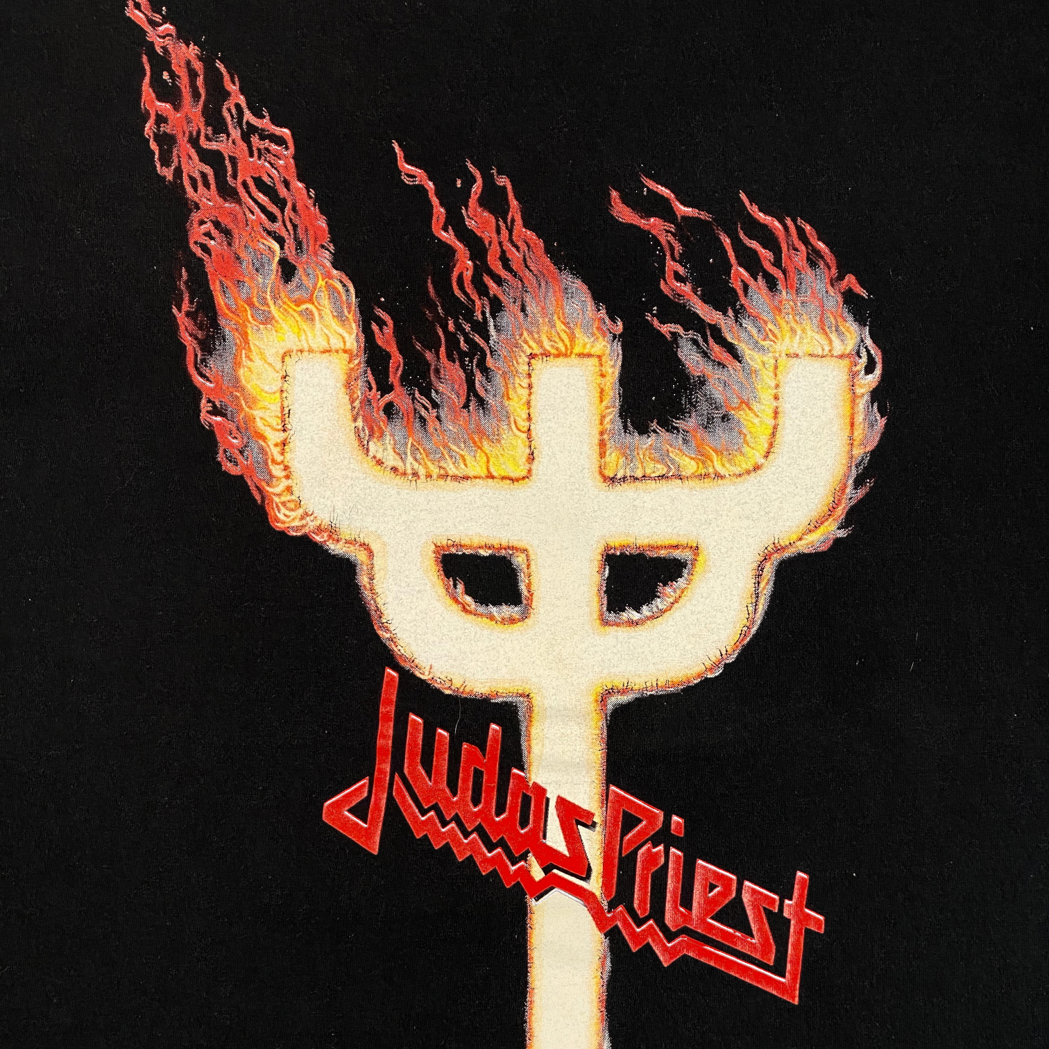 Digg It Thrift & Vintage black Judas Priest British Steel t-shirt featuring a flaming trident graphic print
