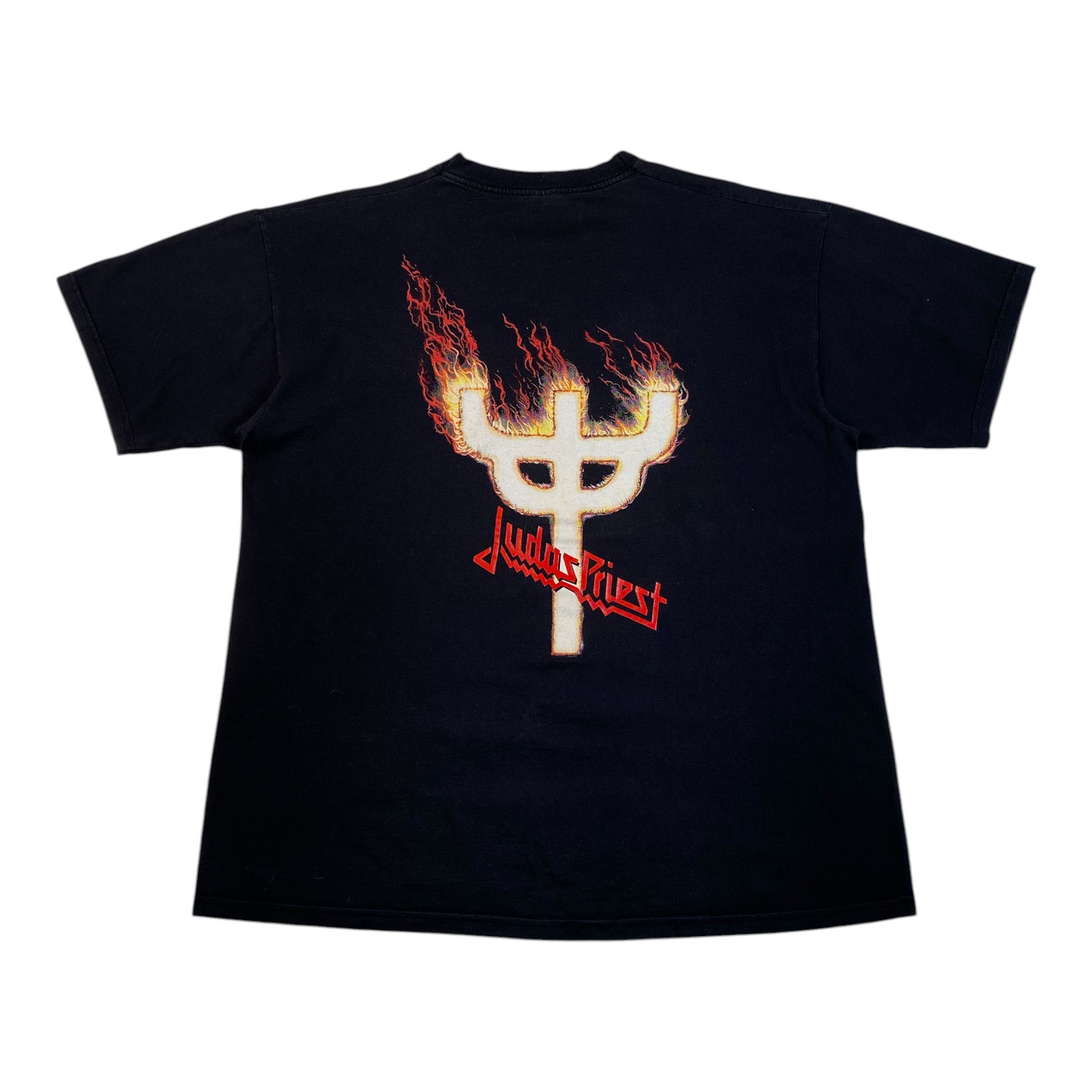 Digg It Thrift & Vintage black Judas Priest British Steel graphic t-shirt with flaming trident logo on the back