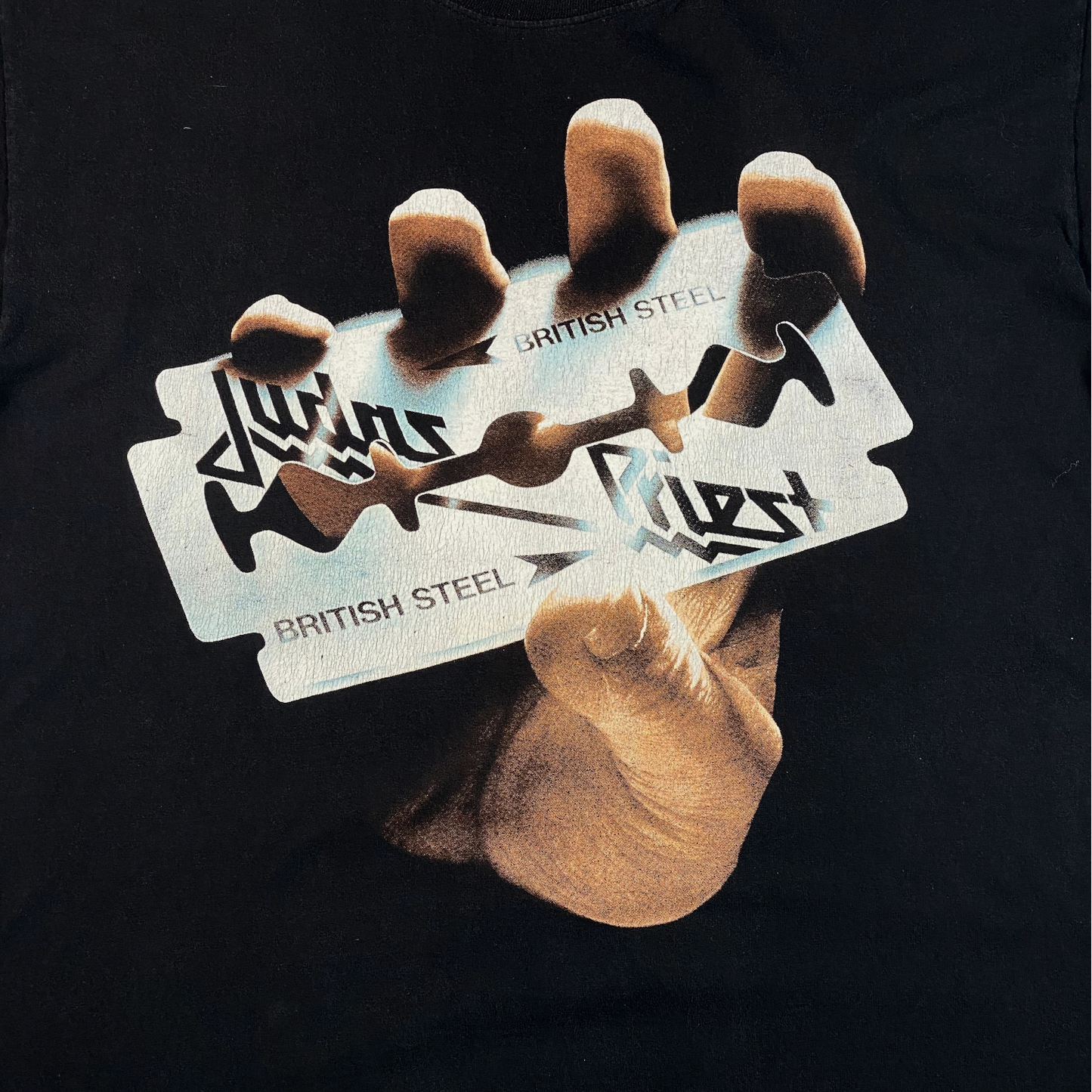Digg It Thrift & Vintage black Judas Priest British Steel album cover graphic t-shirt with razor blade print