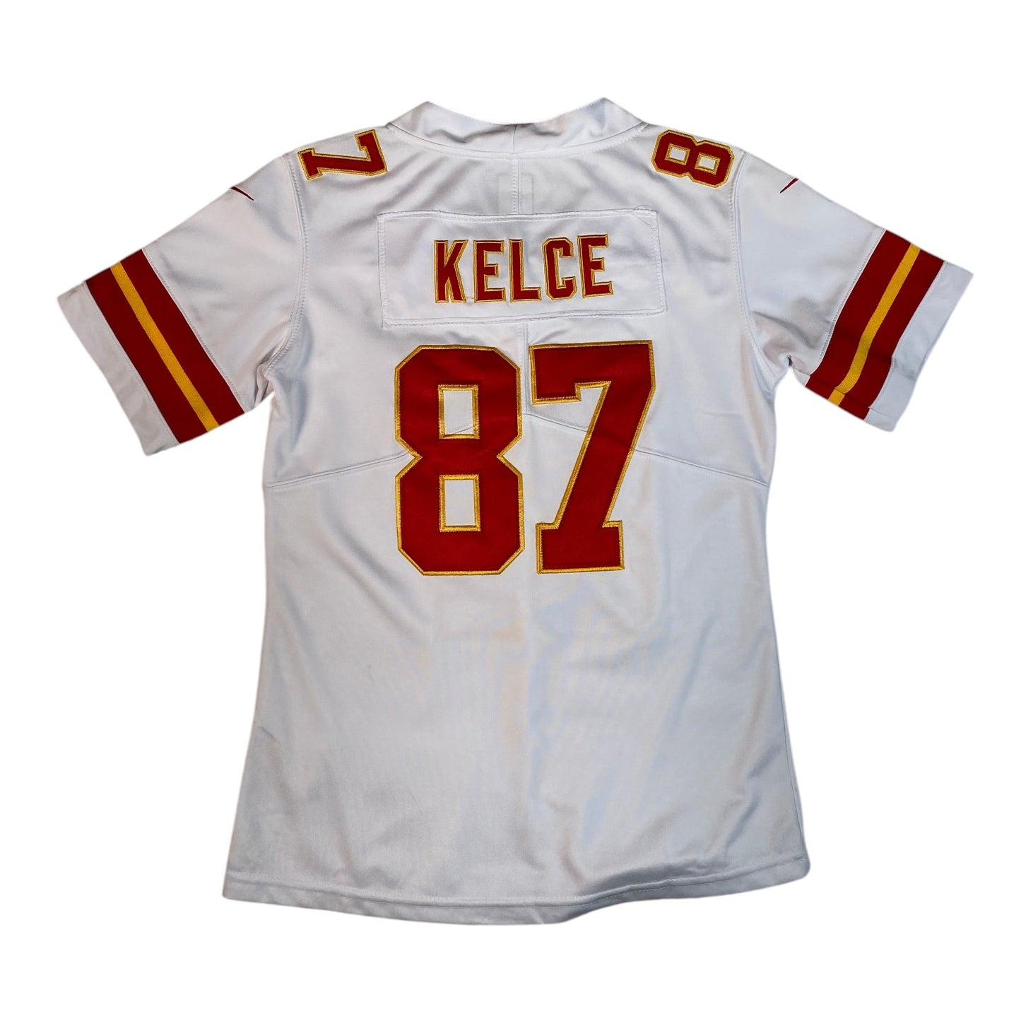 Digg It Thrift & Vintage white Kansas City Chiefs Travis Kelce away jersey with red and gold number 87 on the back
