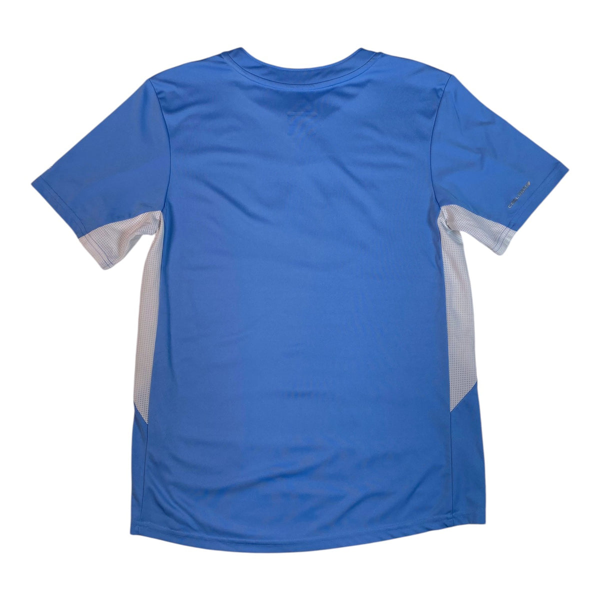 Back view of a Digg It Thrift & Vintage light blue Kansas City Royals MLB Cool Base henley jersey with mesh sides.