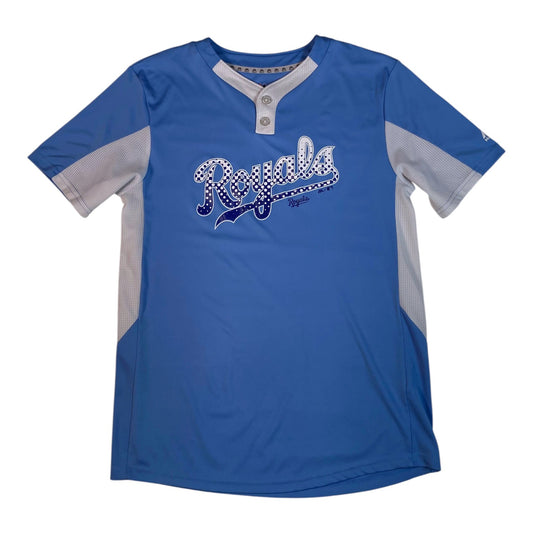 Digg It Thrift & Vintage blue and grey Kansas City Royals Majestic Cool Base henley baseball jersey with button neck
