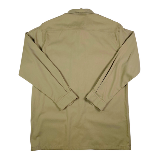 Back view of a khaki Carhartt work shirt from Digg It Thrift & Vintage, featuring long sleeves and durable fabric.