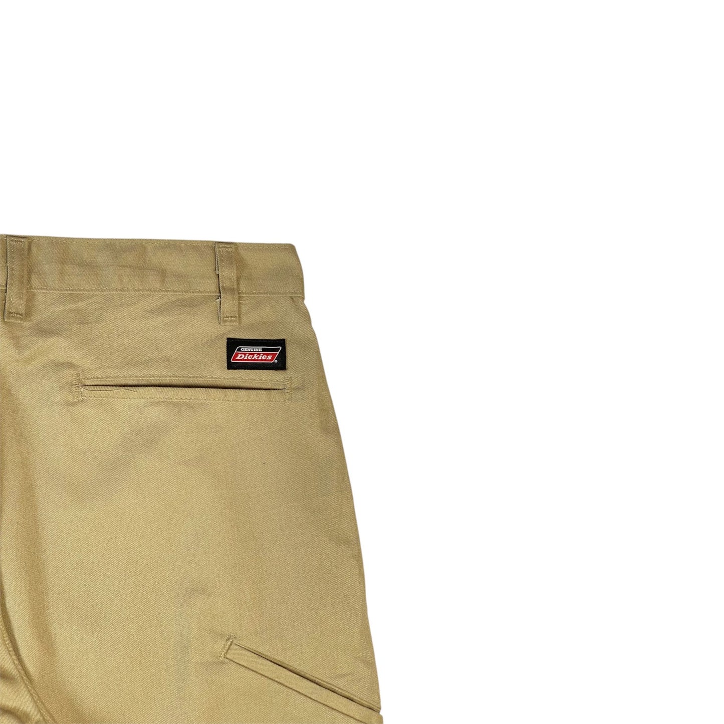 Digg It Thrift & Vintage khaki Dickies work shorts with back pocket and logo patch, size 34.
