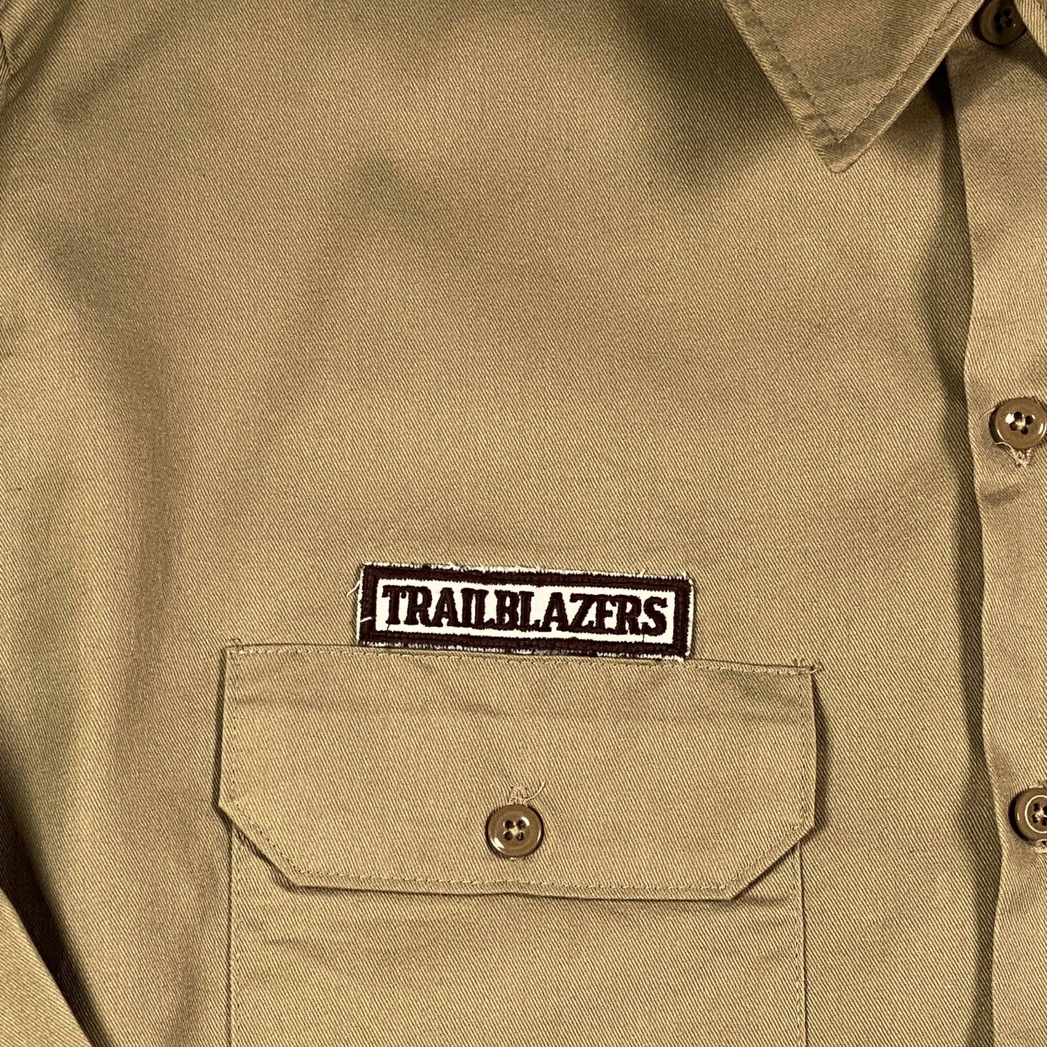 Digg It Thrift & Vintage khaki Dickies long sleeve work shirt with Trailblazers patch on the chest pocket