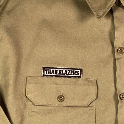 Digg It Thrift & Vintage khaki Dickies long sleeve work shirt with Trailblazers patch on the chest pocket