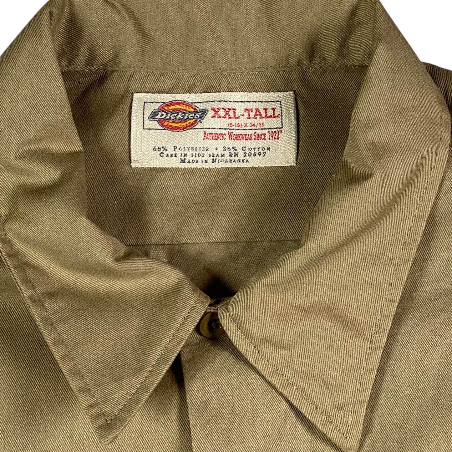 Digg It Thrift & Vintage khaki Dickies work shirt collar with XXL-Tall size tag and polyester cotton blend label