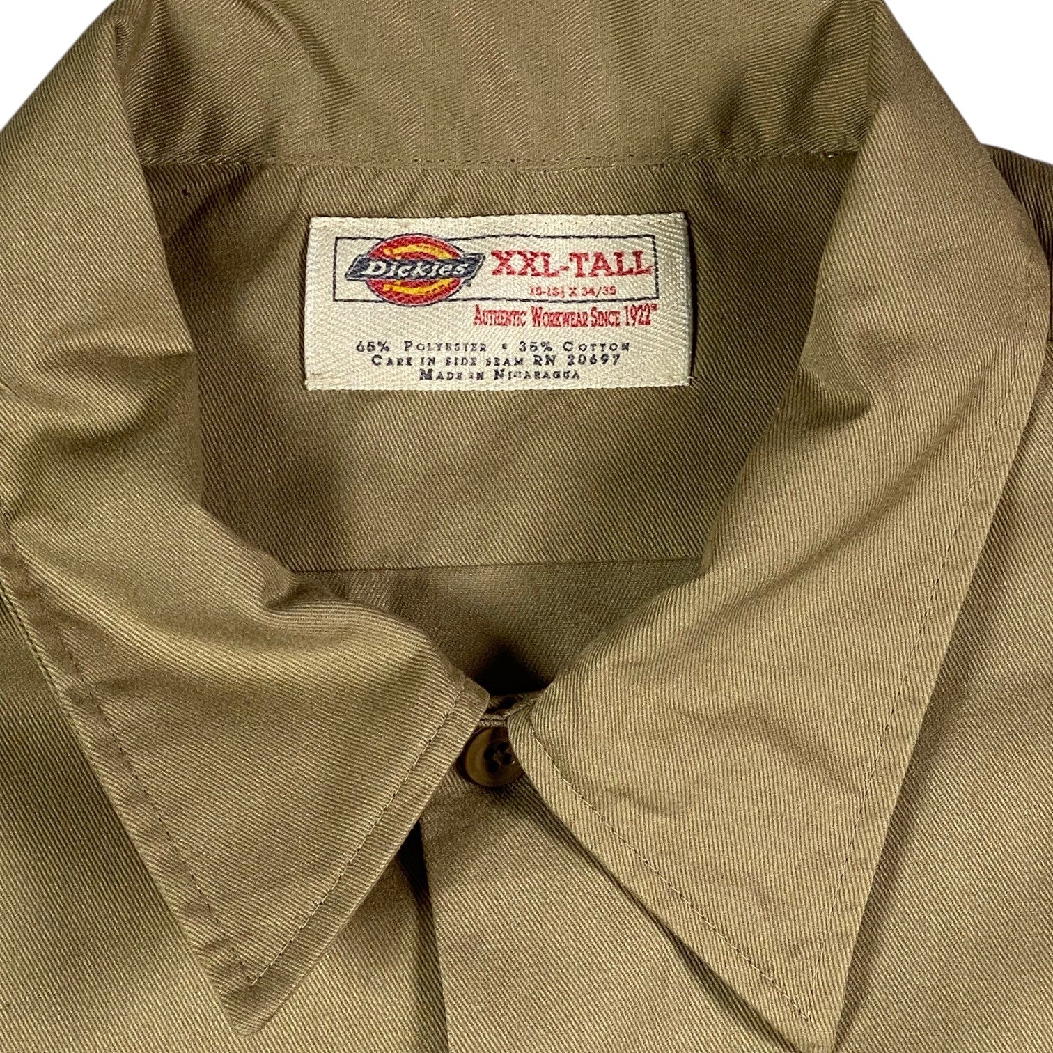 Digg It Thrift & Vintage khaki Dickies work shirt collar with XXL-Tall size tag and polyester cotton blend label