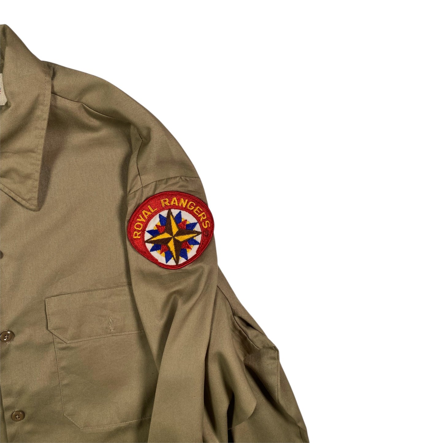 Digg It Thrift & Vintage khaki Dickies work shirt featuring a Royal Rangers Trailblazers embroidered sleeve patch.
