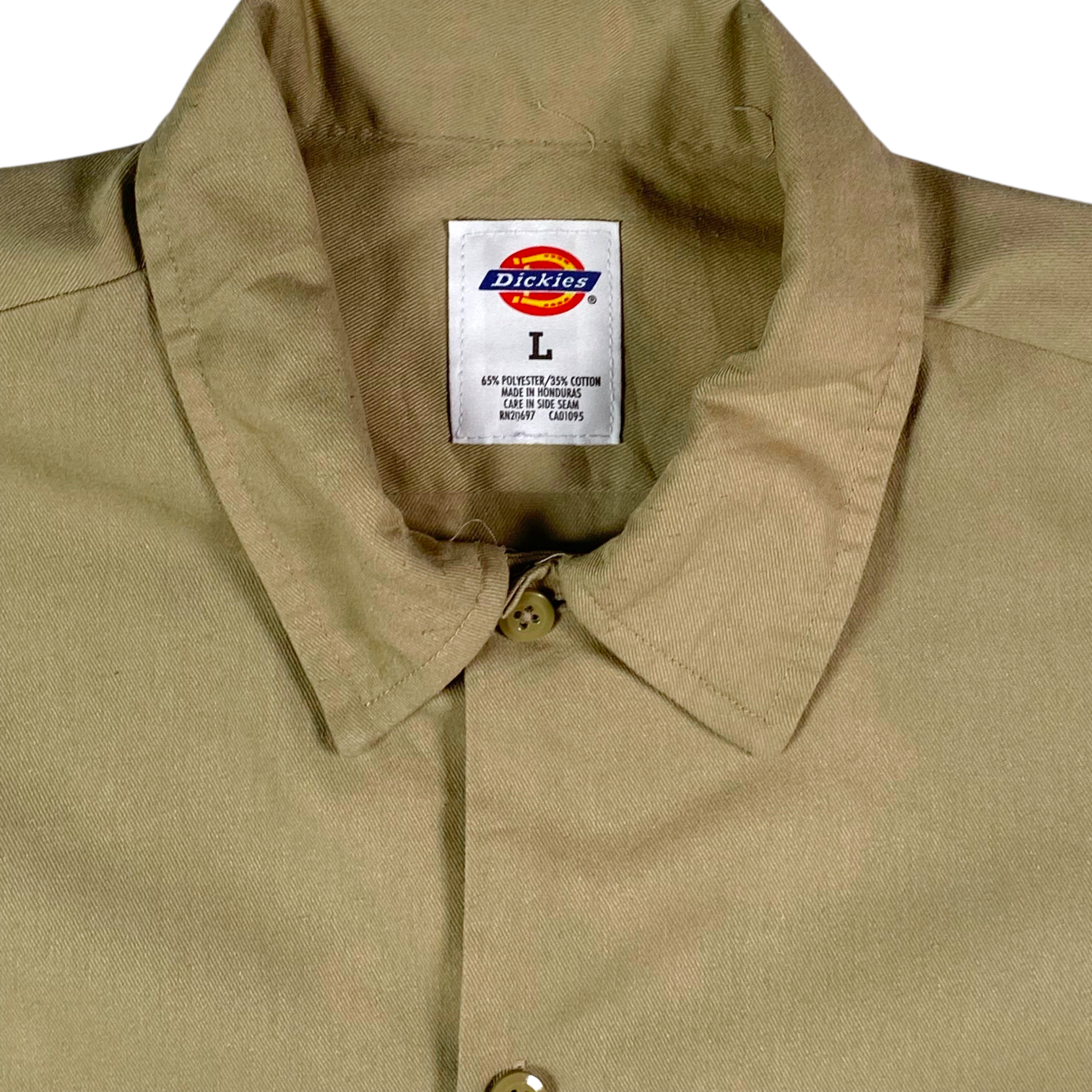 Digg It Thrift & Vintage khaki Dickies long sleeve work shirt with a classic collar and size large neck label
