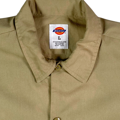 Digg It Thrift & Vintage khaki Dickies long sleeve work shirt with a classic collar and size large neck label