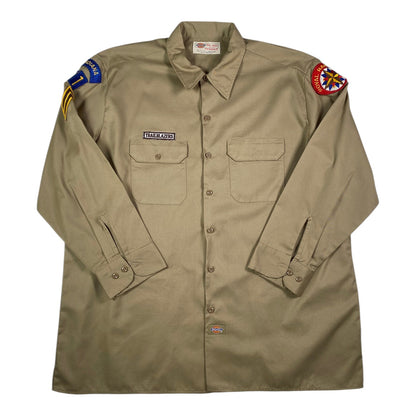 Digg It Thrift & Vintage khaki Dickies long sleeve work shirt with Royal Rangers Trailblazers patches, size 2XL