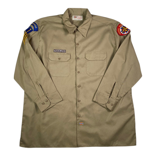 Digg It Thrift & Vintage khaki Dickies long sleeve work shirt with Royal Rangers Trailblazers patches, size 2XL