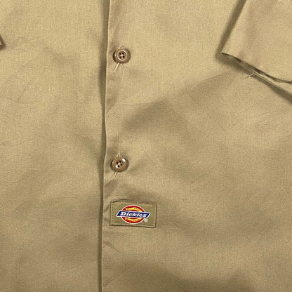 Digg It Thrift & Vintage khaki Dickies long sleeve work shirt with button-down front and classic logo patch