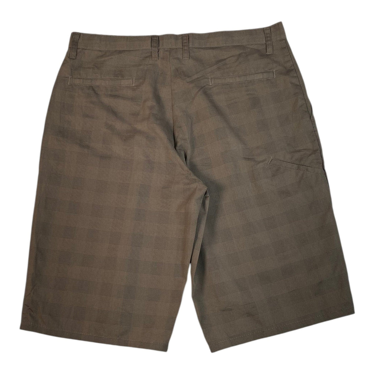 Back view of Digg It Thrift & Vintage Dickies khaki longline shorts featuring a subtle shadow plaid pattern