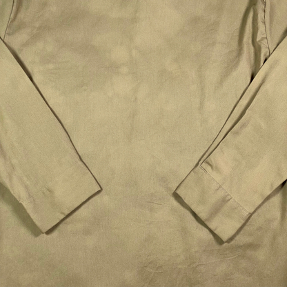 Back view of a Digg It Thrift & Vintage khaki long sleeve work shirt with a classic collar and button cuffs.