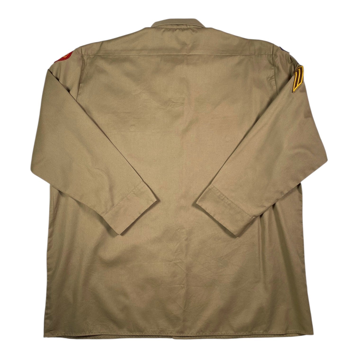 Back view of a Digg It Thrift & Vintage Dickies khaki long sleeve work shirt with Royal Rangers patches