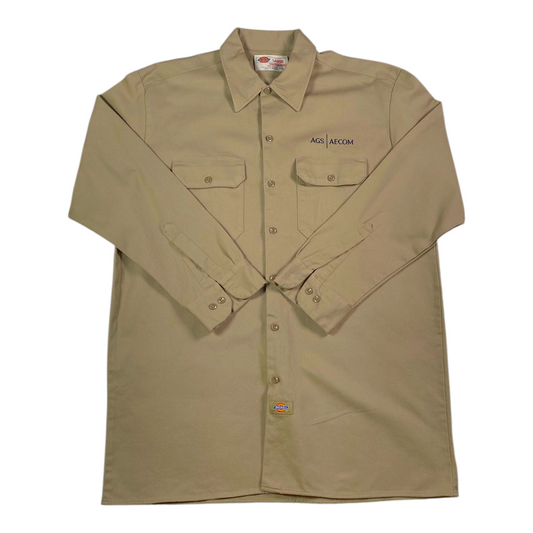 Digg It Thrift & Vintage khaki long sleeve work shirt with AGS AECOM embroidery and button-down front, size large.