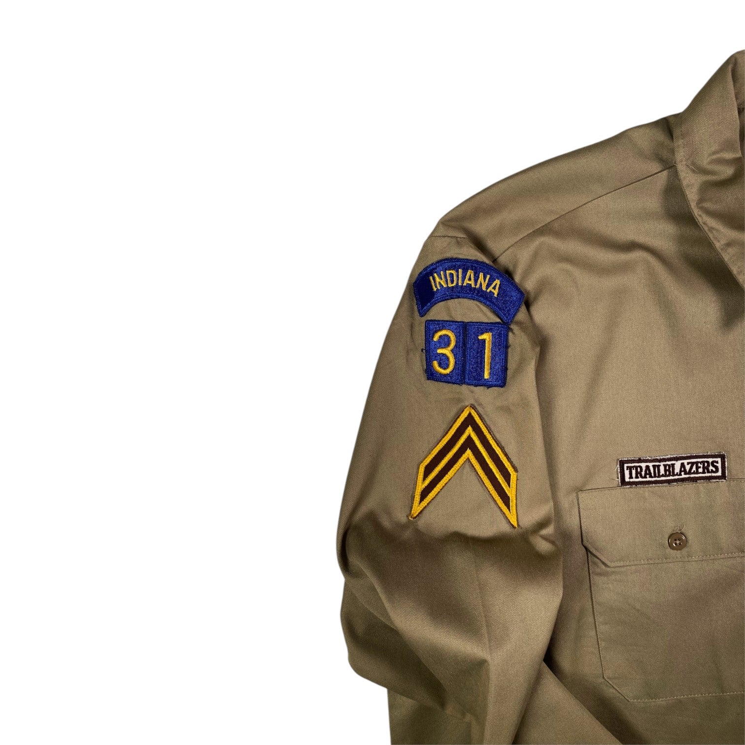 Digg It Thrift & Vintage khaki Dickies work shirt with Indiana Trailblazers patches and chevron embroidery