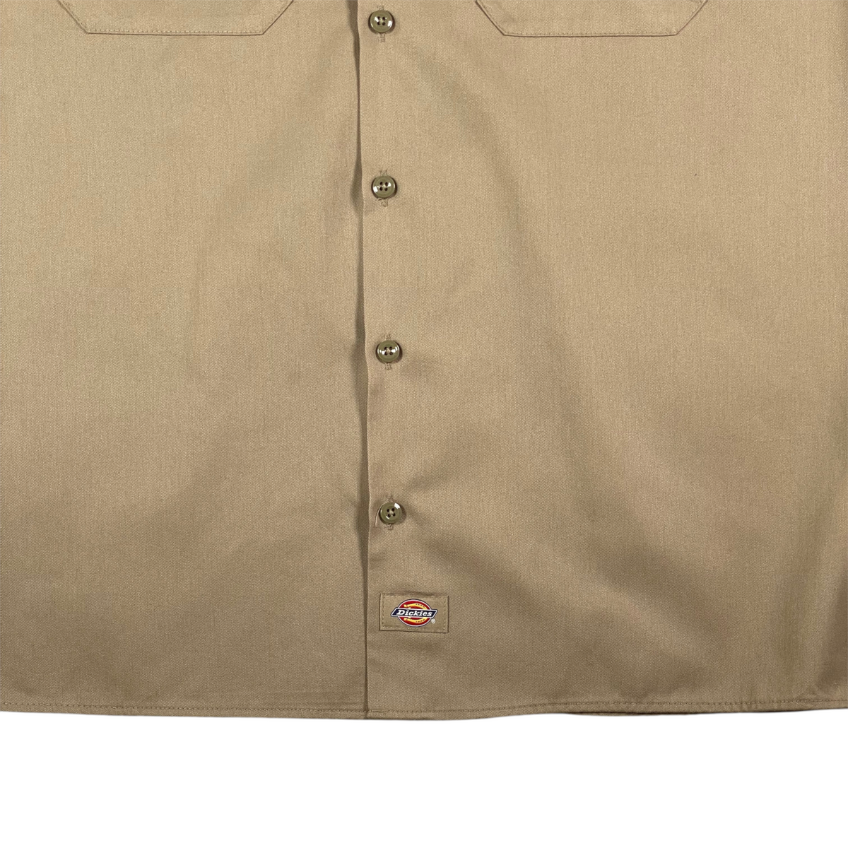 Digg It Thrift & Vintage desert sand khaki short sleeve work shirt with button-down front and Dickies logo tag
