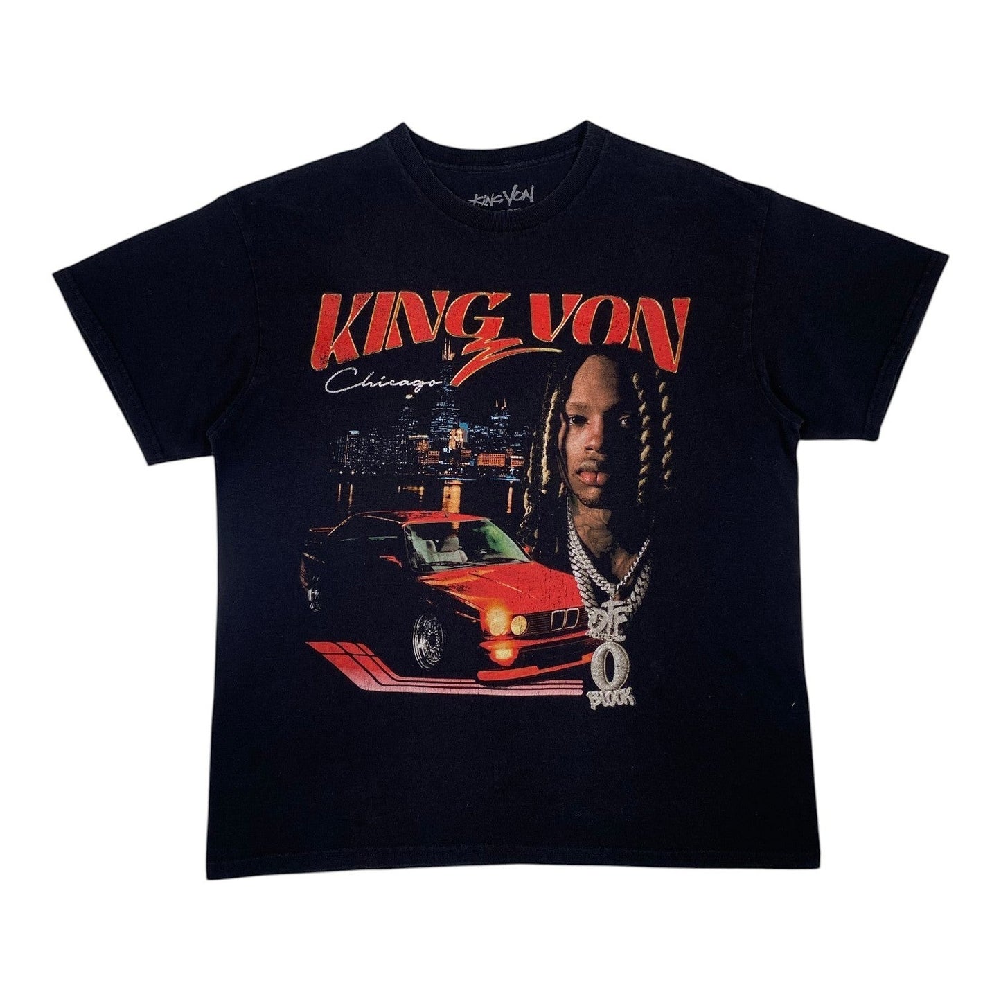 Digg It Thrift & Vintage black King Von Chicago O-Block graphic t-shirt with rapper portrait and car print