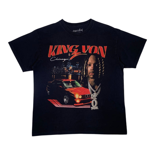 Digg It Thrift & Vintage black King Von Chicago O-Block graphic t-shirt with rapper portrait and car print