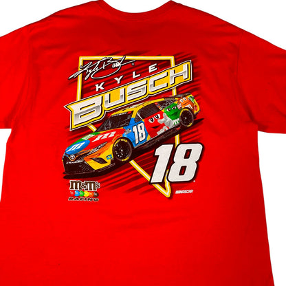 Digg It Thrift & Vintage red Kyle Busch Joe Gibbs Racing M&M’s NASCAR t-shirt with number 18 race car graphic