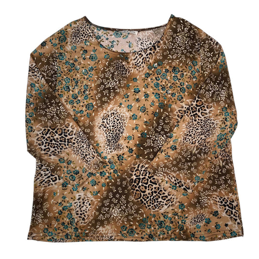 Digg It Thrift & Vintage Carol Rose long sleeve top featuring a brown leopard and floral mix print in a 2XL fit.