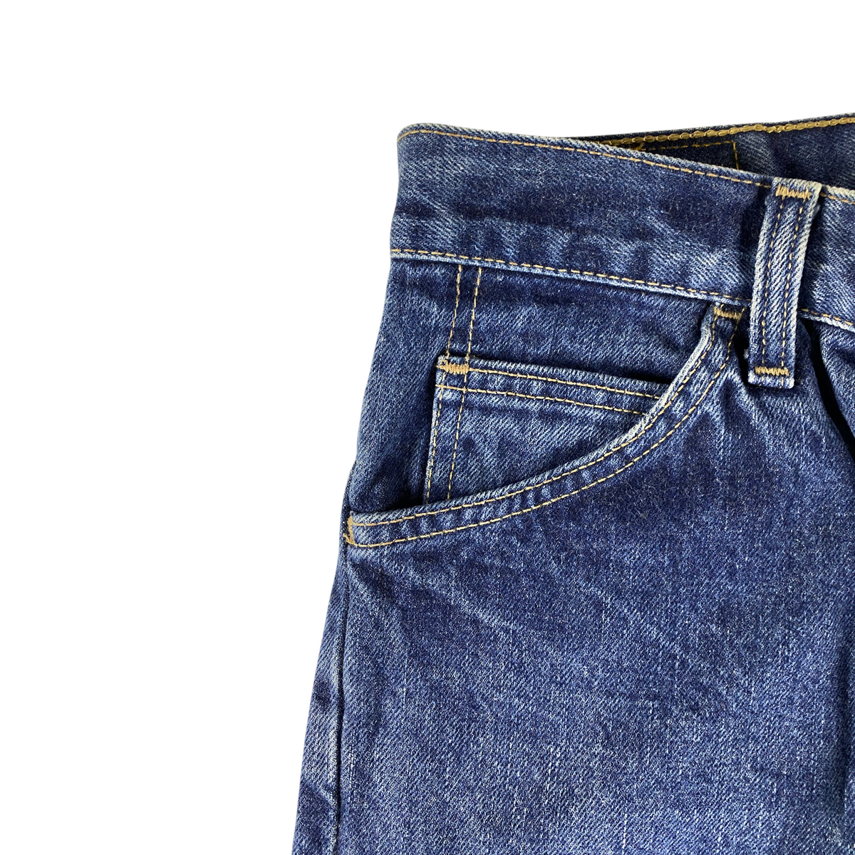 Digg It Thrift & Vintage Levi's 607 blue denim jeans featuring a classic coin pocket and contrast yellow stitching.