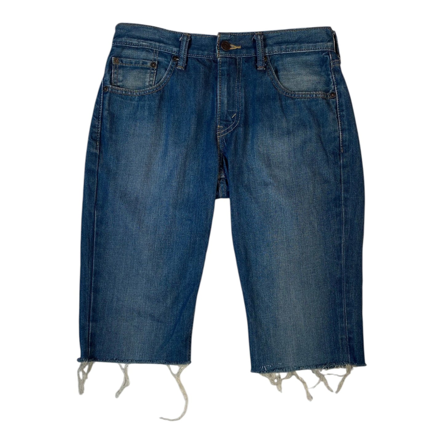 Digg It Thrift & Vintage Levi's 511 slim fit denim jorts in medium blue wash with a distressed raw hem