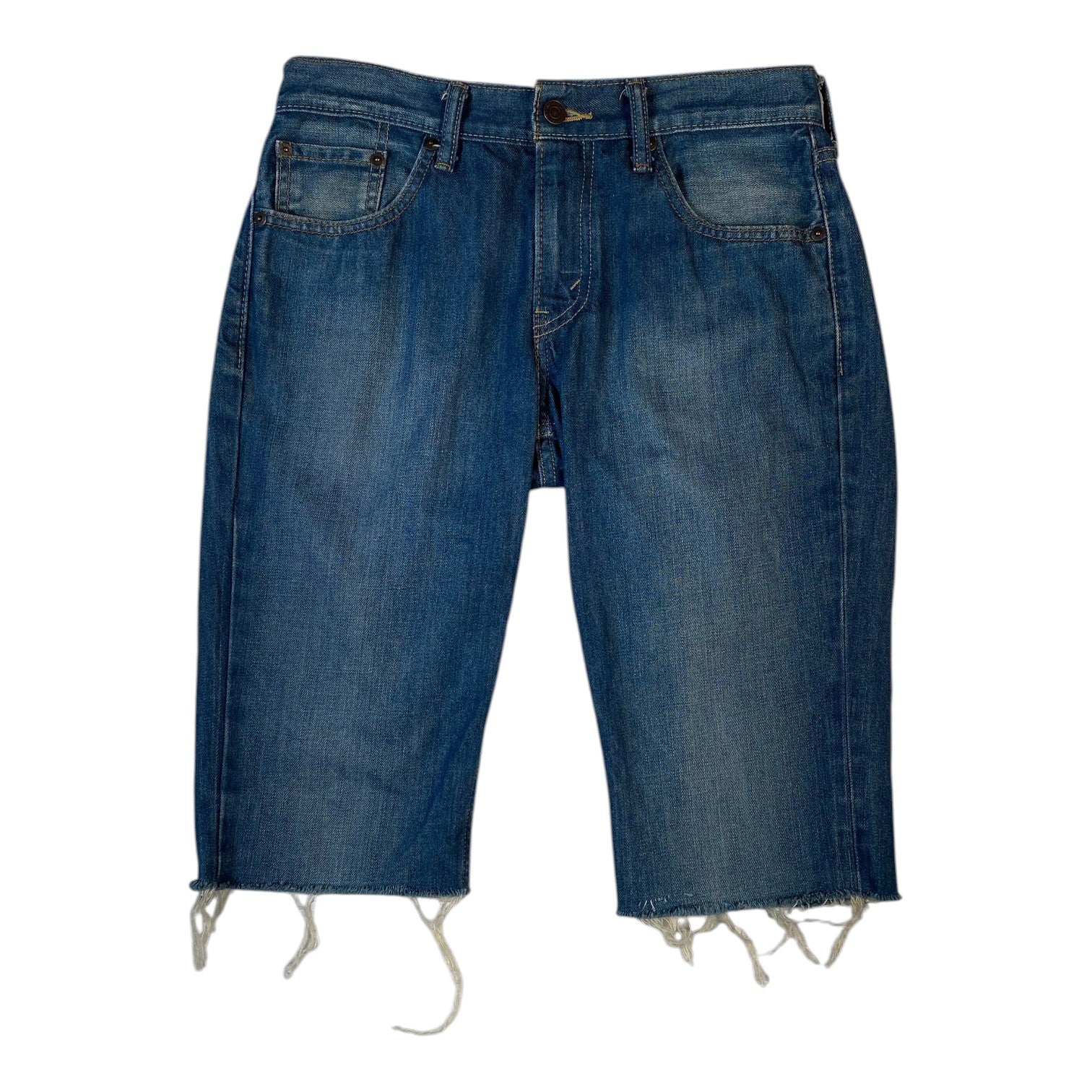Digg It Thrift & Vintage Levi's 511 slim fit denim jorts in medium blue wash with a distressed raw hem