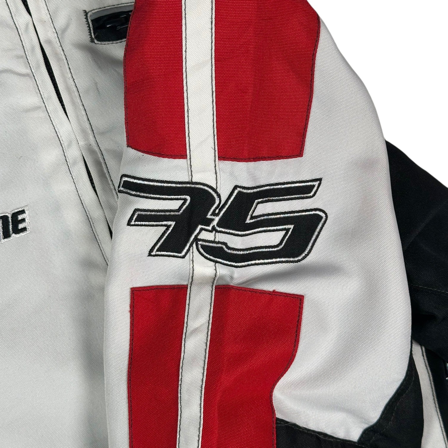 Digg It Thrift & Vintage Louis 75th Anniversary motorcycle racing jacket in white and red with embroidered 75 logo