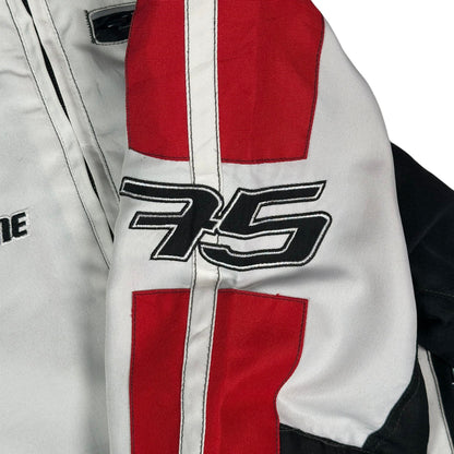Digg It Thrift & Vintage Louis 75th Anniversary motorcycle racing jacket in white and red with embroidered 75 logo