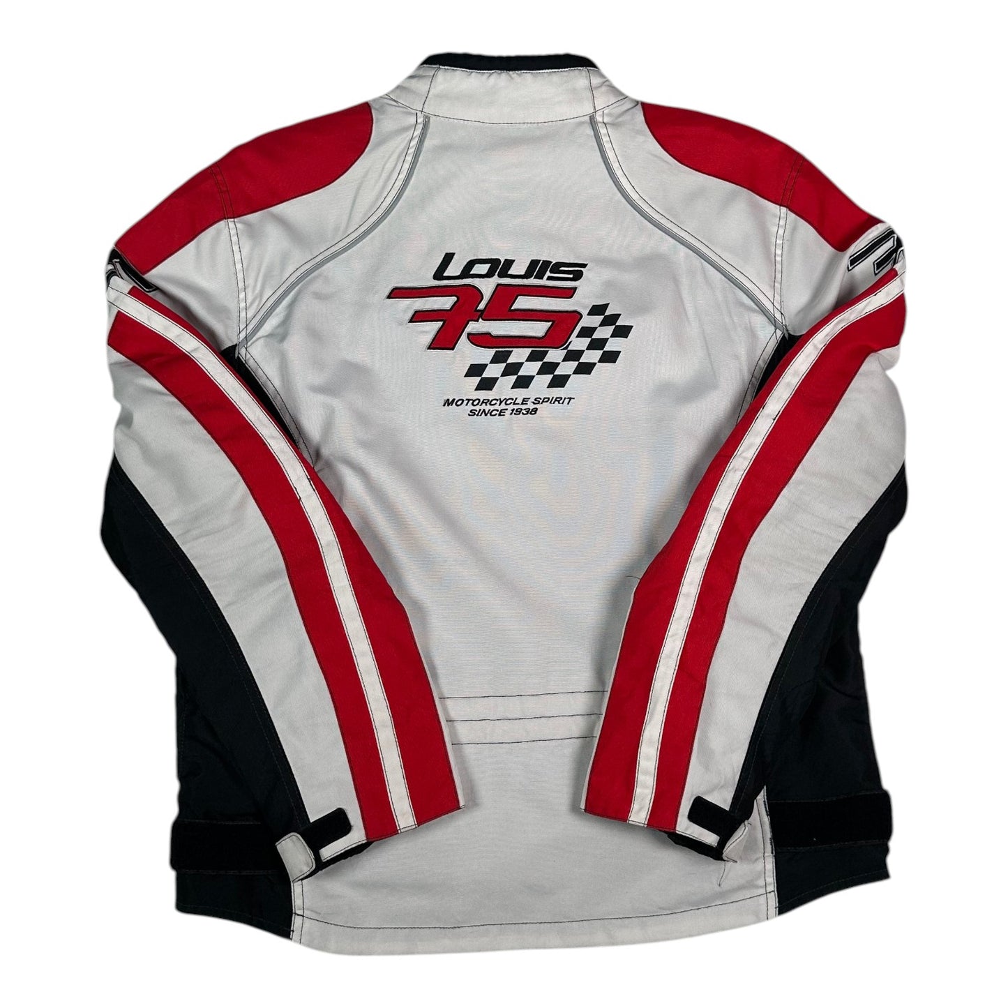 Digg It Thrift & Vintage Louis 75th Anniversary motorcycle racing jacket in white, red, and black with checkered logo