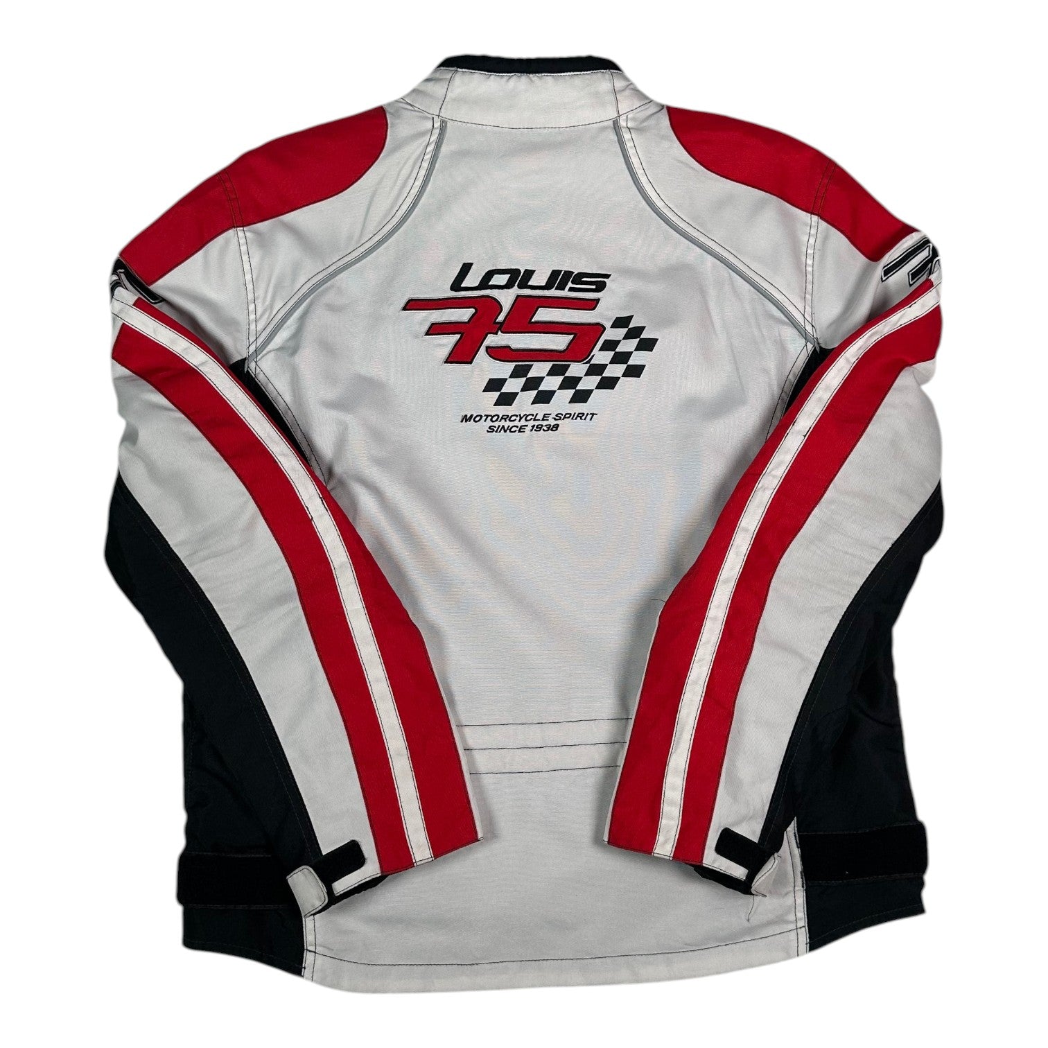 Digg It Thrift & Vintage Louis 75th Anniversary motorcycle racing jacket in white, red, and black with checkered logo
