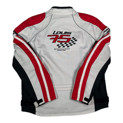 Digg It Thrift & Vintage Louis 75th Anniversary motorcycle racing jacket in white, red, and black with checkered logo