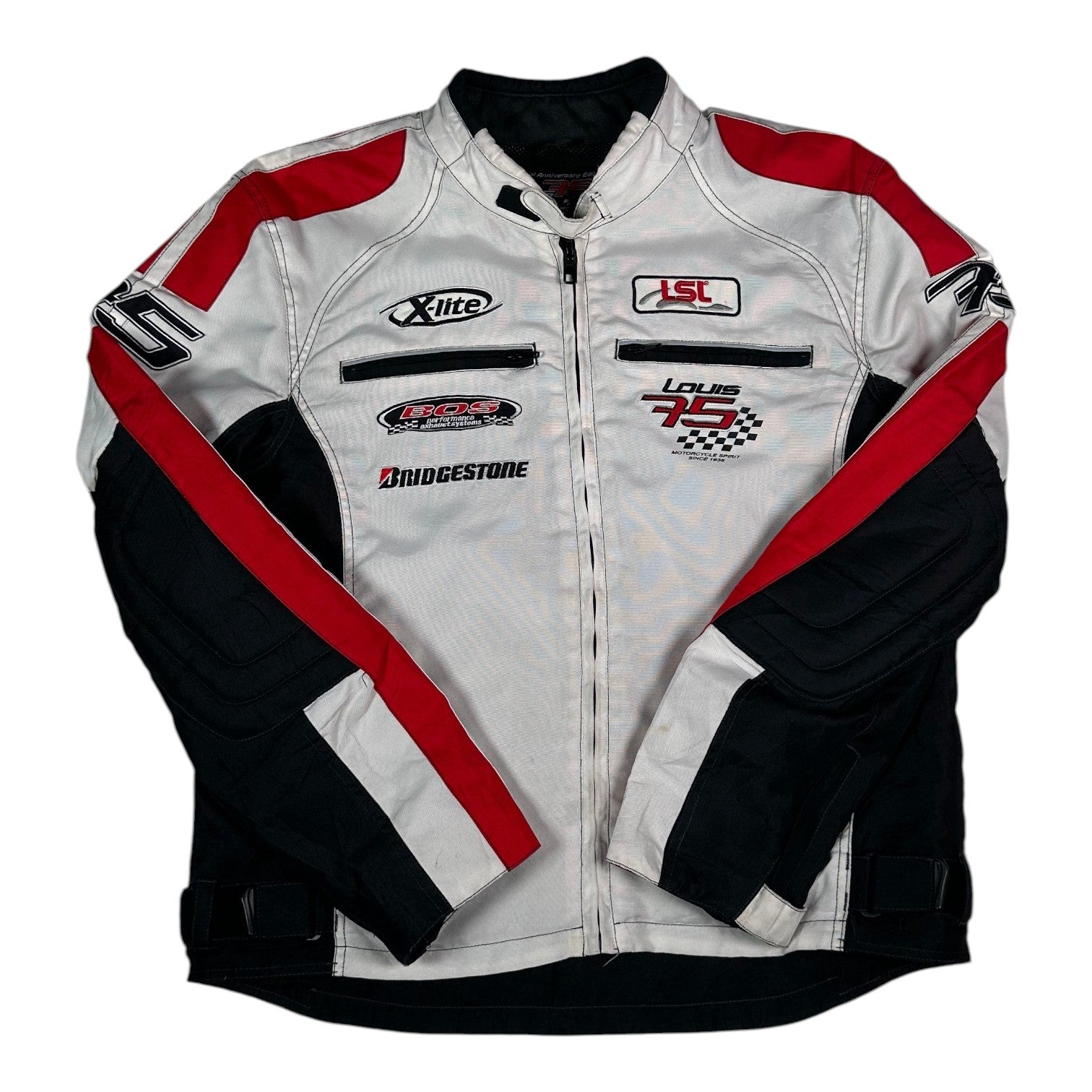 Digg It Thrift & Vintage Louis 75th Anniversary Edition motorcycle racing jacket in white, red, and black.