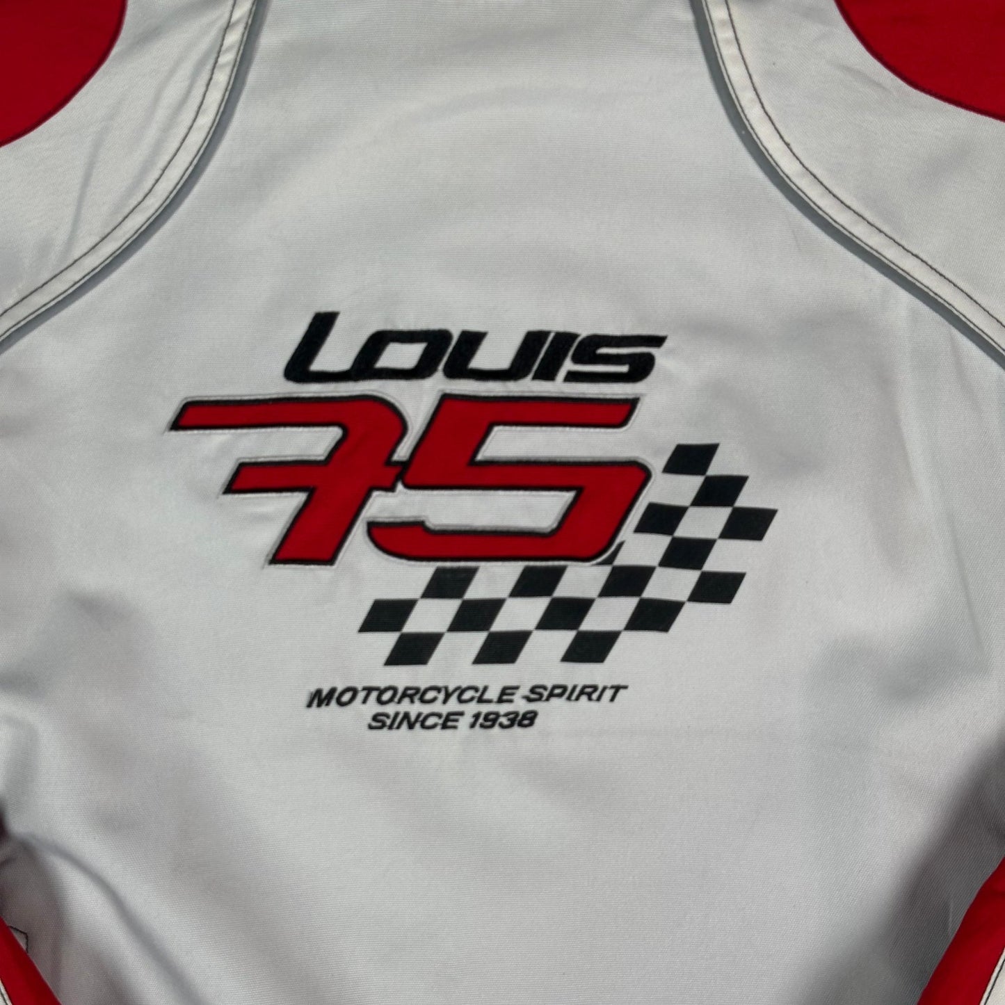 Digg It Thrift & Vintage Louis 75th Anniversary white and red motorcycle racing jacket with checkered flag logo