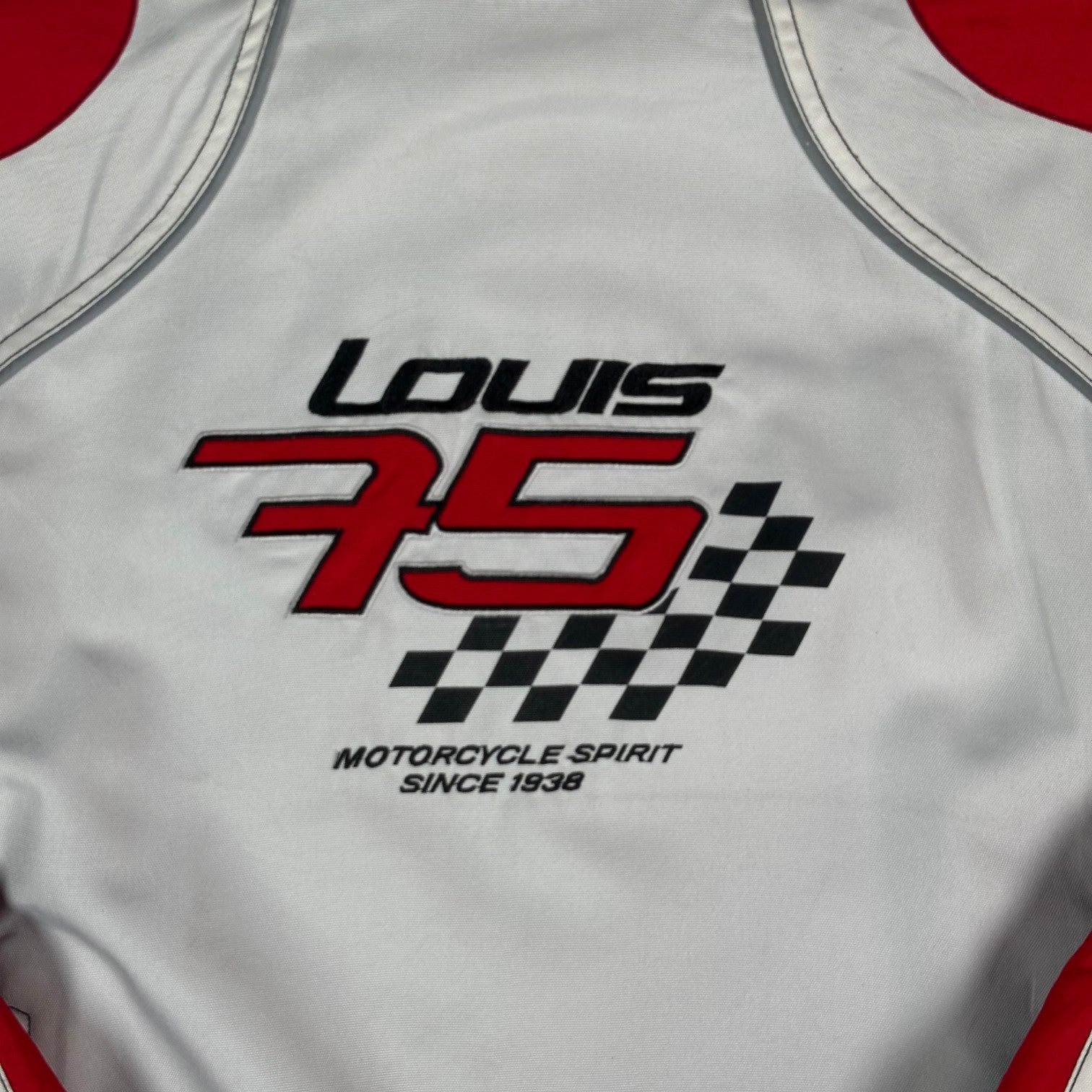 Digg It Thrift & Vintage Louis 75th Anniversary white and red motorcycle racing jacket with checkered flag logo