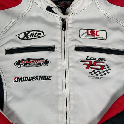 Digg It Thrift & Vintage Louis 75th Anniversary white motorcycle racing jacket with red accents and sponsor patches