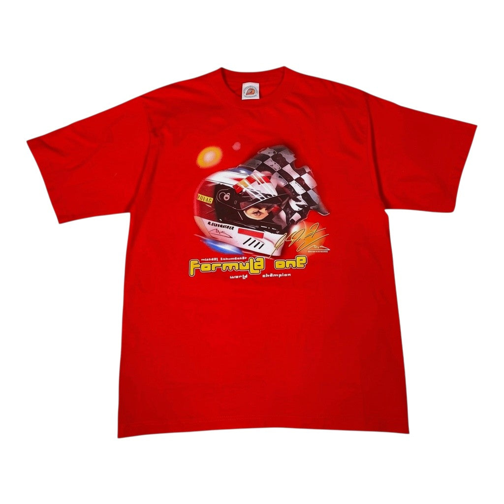 Digg It Thrift & Vintage red Michael Schumacher Formula One world champion graphic t-shirt with racing helmet print.