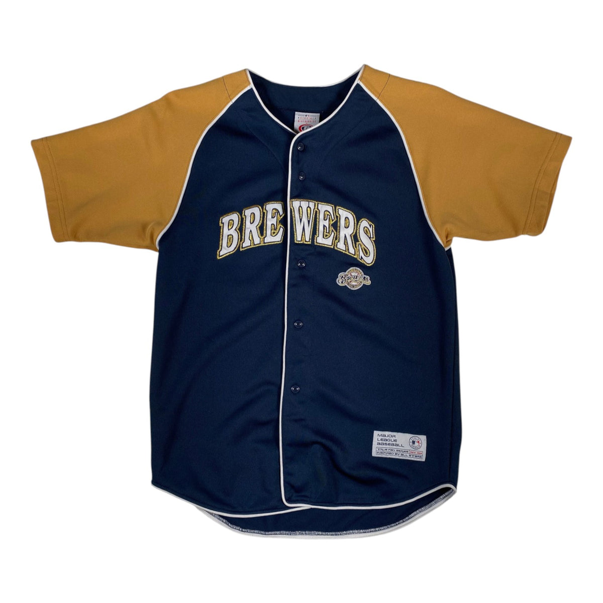 Digg It Thrift & Vintage Milwaukee Brewers baseball jersey in navy and gold with button-front and embroidered logo.