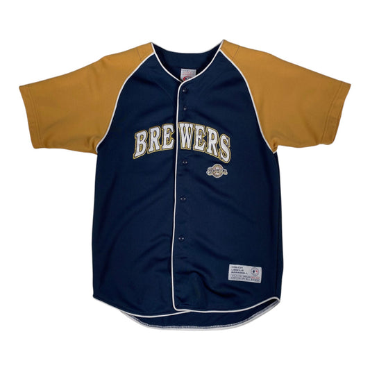Digg It Thrift & Vintage Milwaukee Brewers baseball jersey in navy and gold with button-front and embroidered logo.