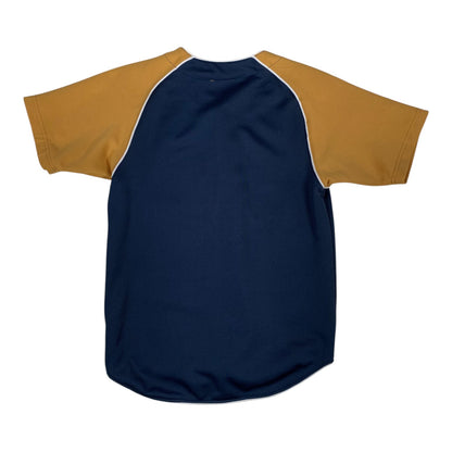 Back view of a Digg It Thrift & Vintage Milwaukee Brewers baseball jersey with navy blue body and gold raglan sleeves.