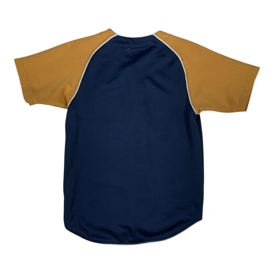 Back view of a Digg It Thrift & Vintage Milwaukee Brewers baseball jersey with navy blue body and gold raglan sleeves.