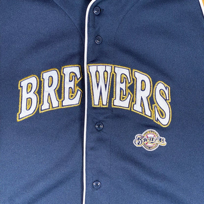 Digg It Thrift & Vintage navy blue Milwaukee Brewers baseball jersey with white piping and embroidered team logo